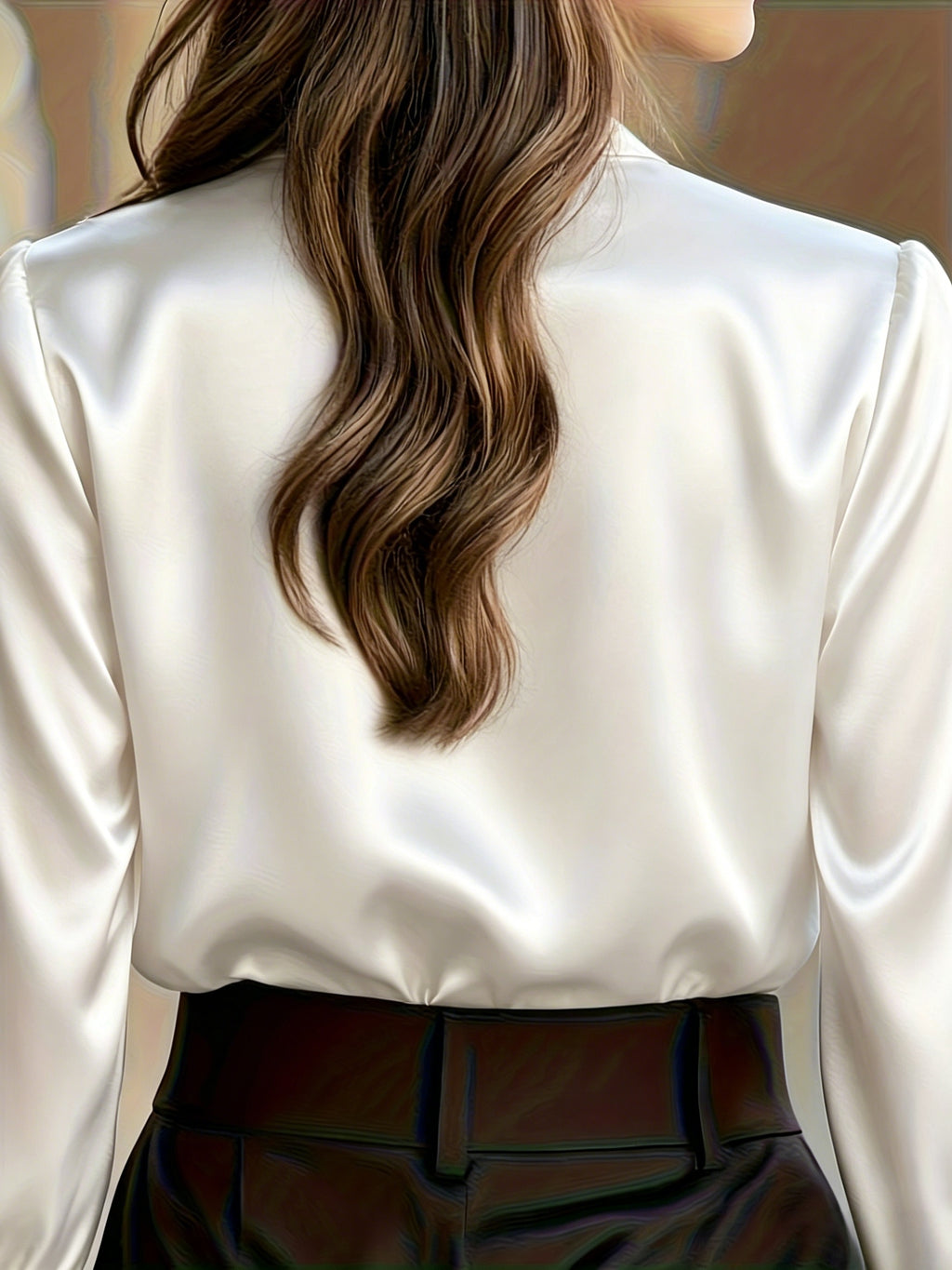 Chemisier grande taille en satin, coupe oversize, col à revers, boutonnage, détail du tissu