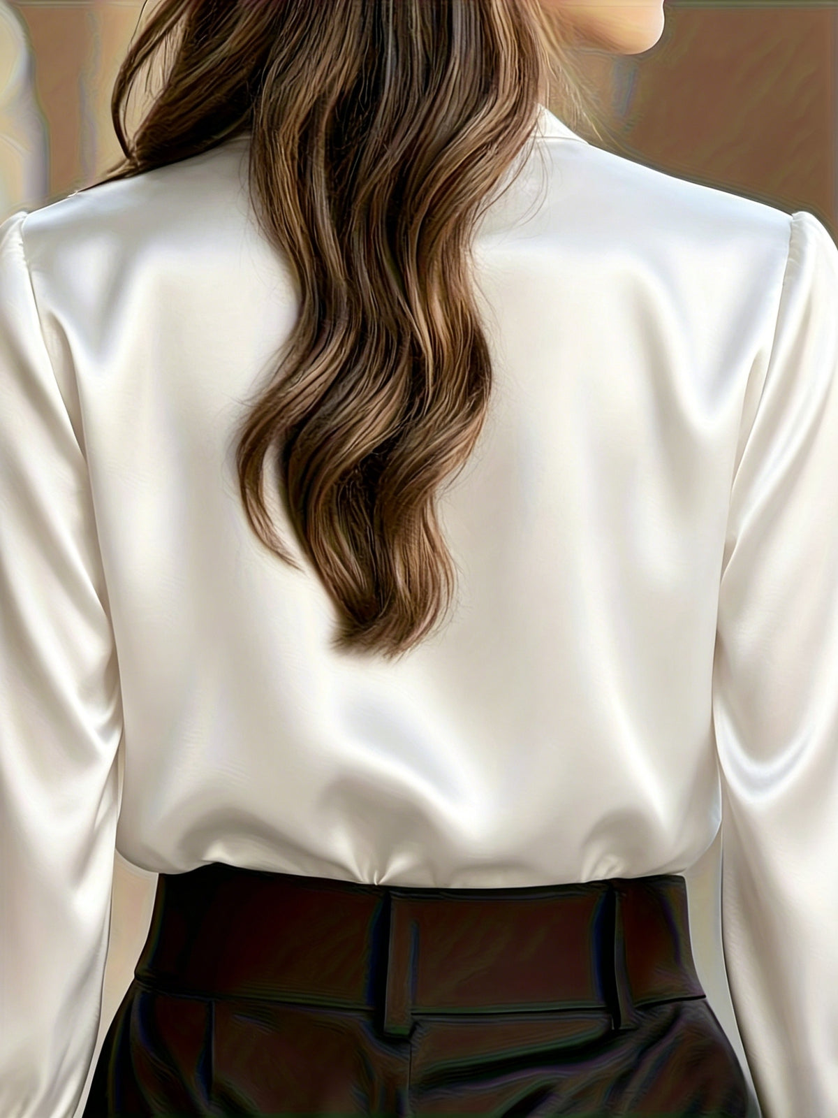 Chemisier grande taille en satin, coupe oversize, col à revers, boutonnage, détail du tissu
