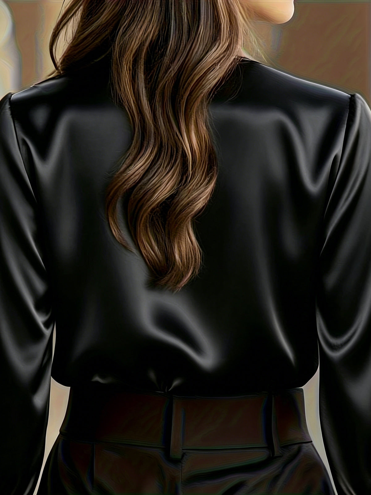 Chemisier grande taille en satin, coupe oversize, col à revers, boutonnage, détail du col