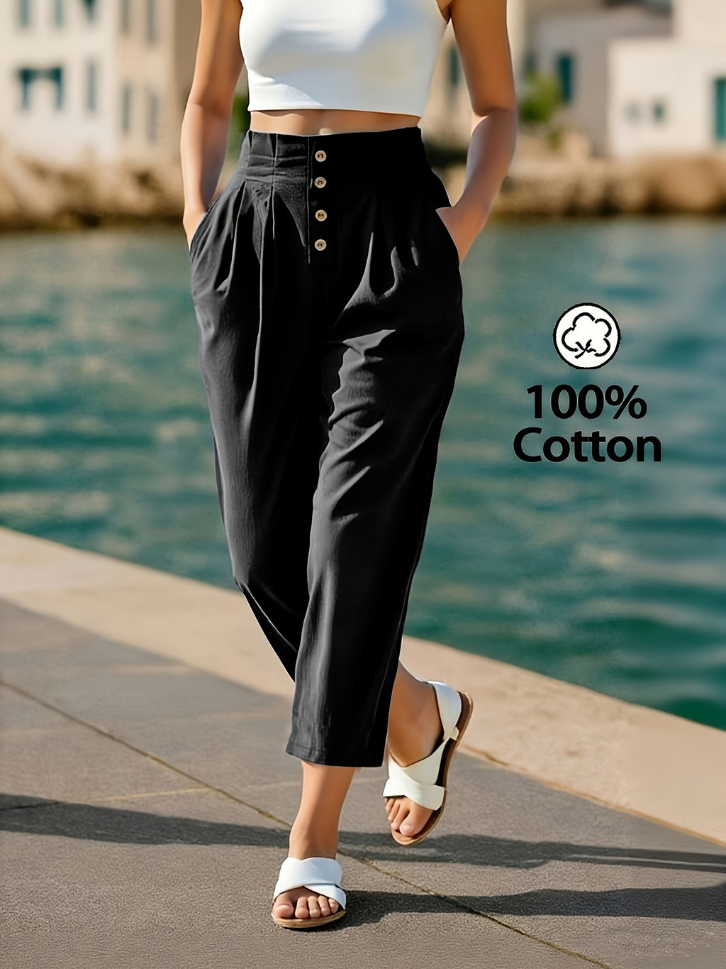 Pantalon grande taille, coupe droite, toucher naturel, gros plan