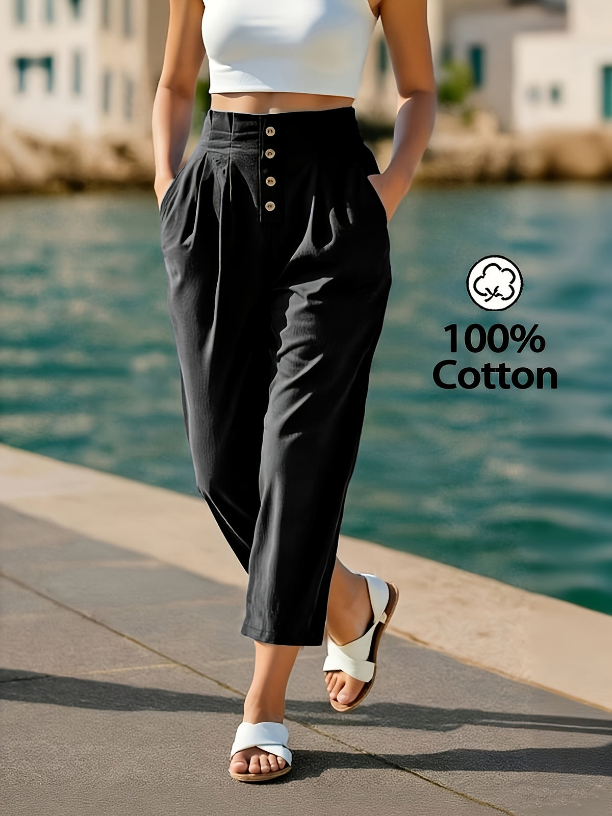 Pantalon grande taille, coupe droite, toucher naturel, gros plan