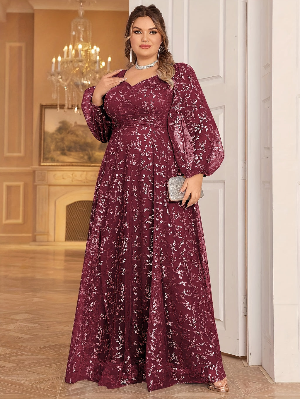 Robe de cérémonie grande taille, tulle à branches de sequins