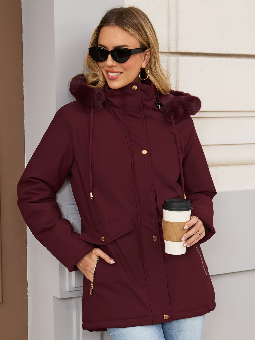 Veste grande taille, coupe oversize, longueur midi, capuche, détail du tissu