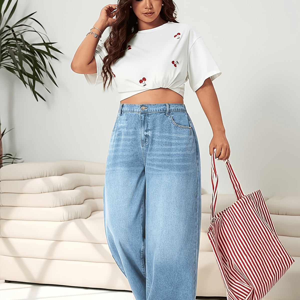 Jean grande taille, coupe oversize, poches pratiques, toucher naturel — matière : coton