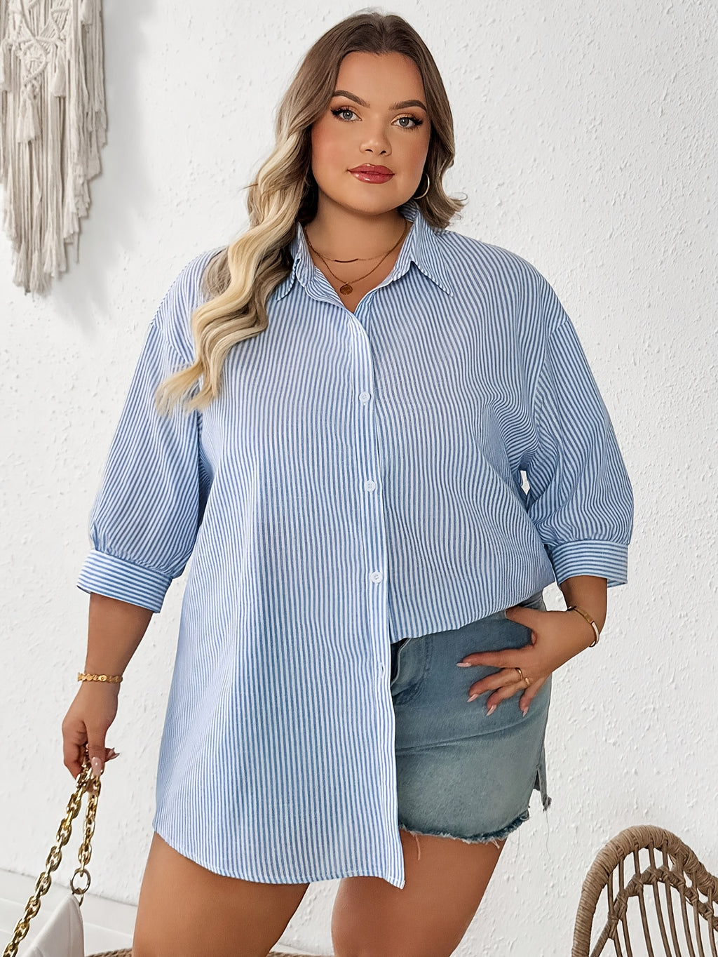 Chemise grande taille à rayures, coupe oversize, col polo, manches longues, autre coloris