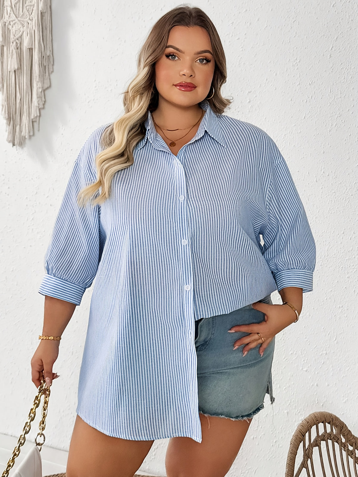Chemise grande taille à rayures, coupe oversize, col polo, manches longues, autre coloris