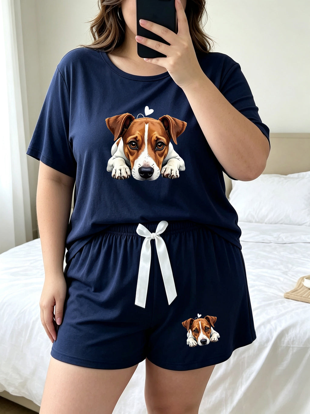 Pyjama grande taille, coupe ample, col rond, manches courtes, visuel produit
