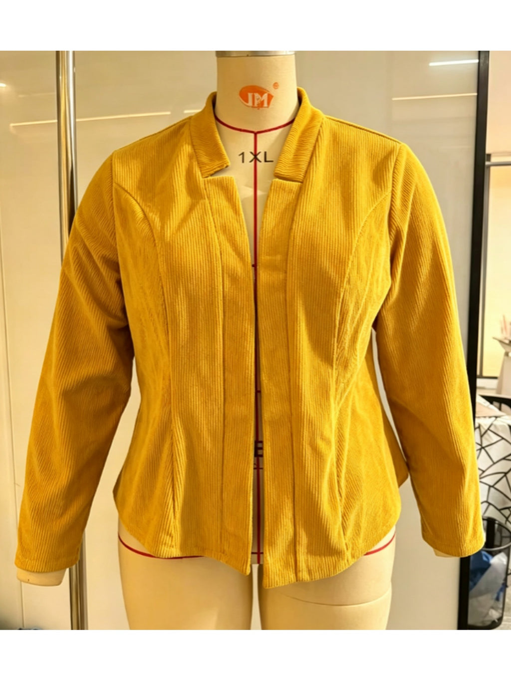 Veste grande taille en velours côtelé, porté de face