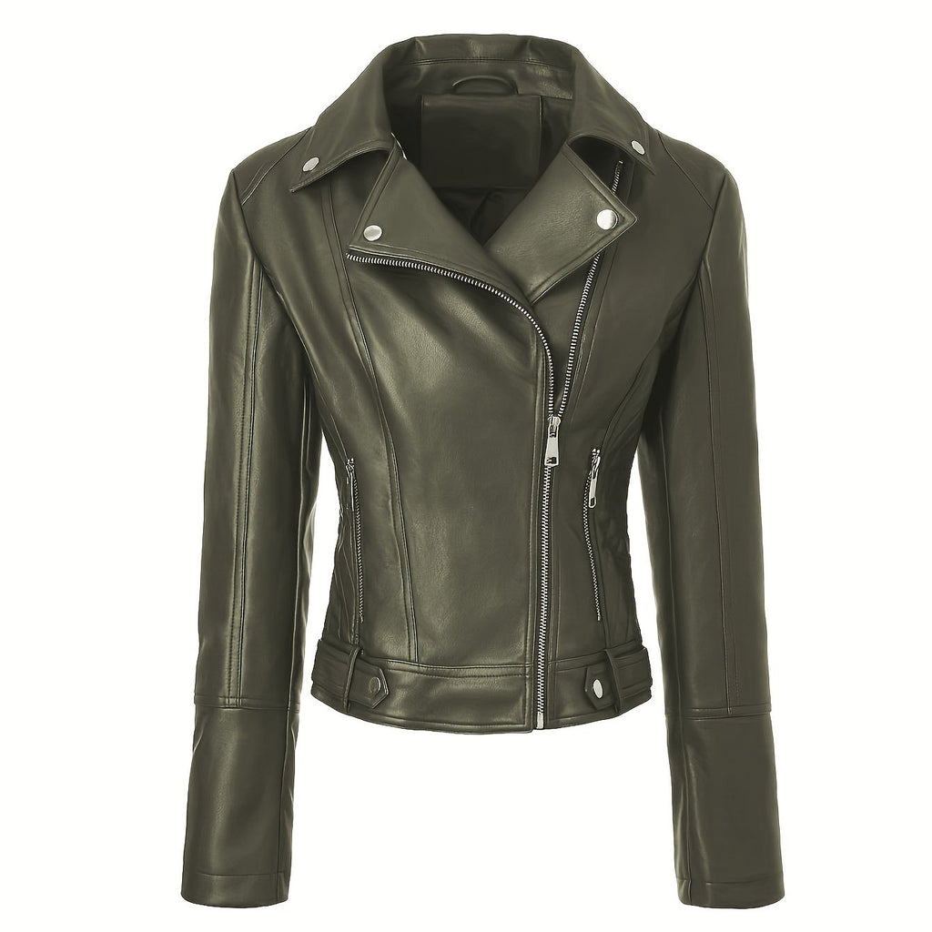 Veste grande taille en cuir synthétique, coupe ajustée, col, porté de face