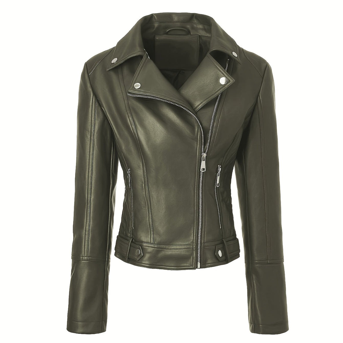 Veste grande taille en cuir synthétique, coupe ajustée, col, porté de face