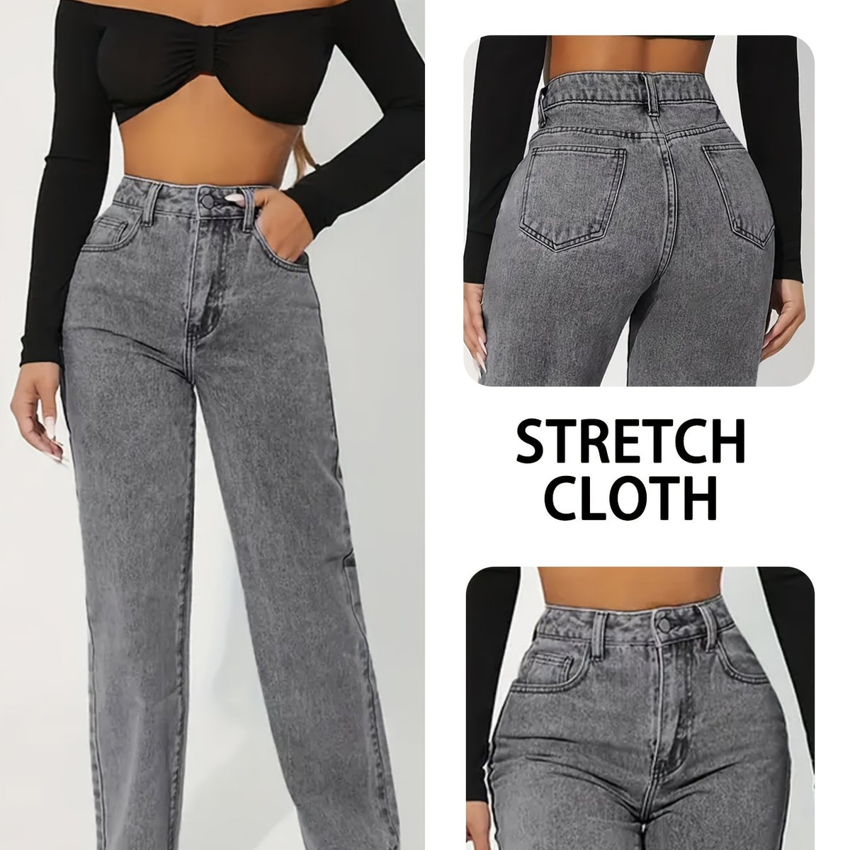 Jean grande taille, coupe droite — composition : 96% Polyester, 2% Élasthanne, 2% Viscose Image