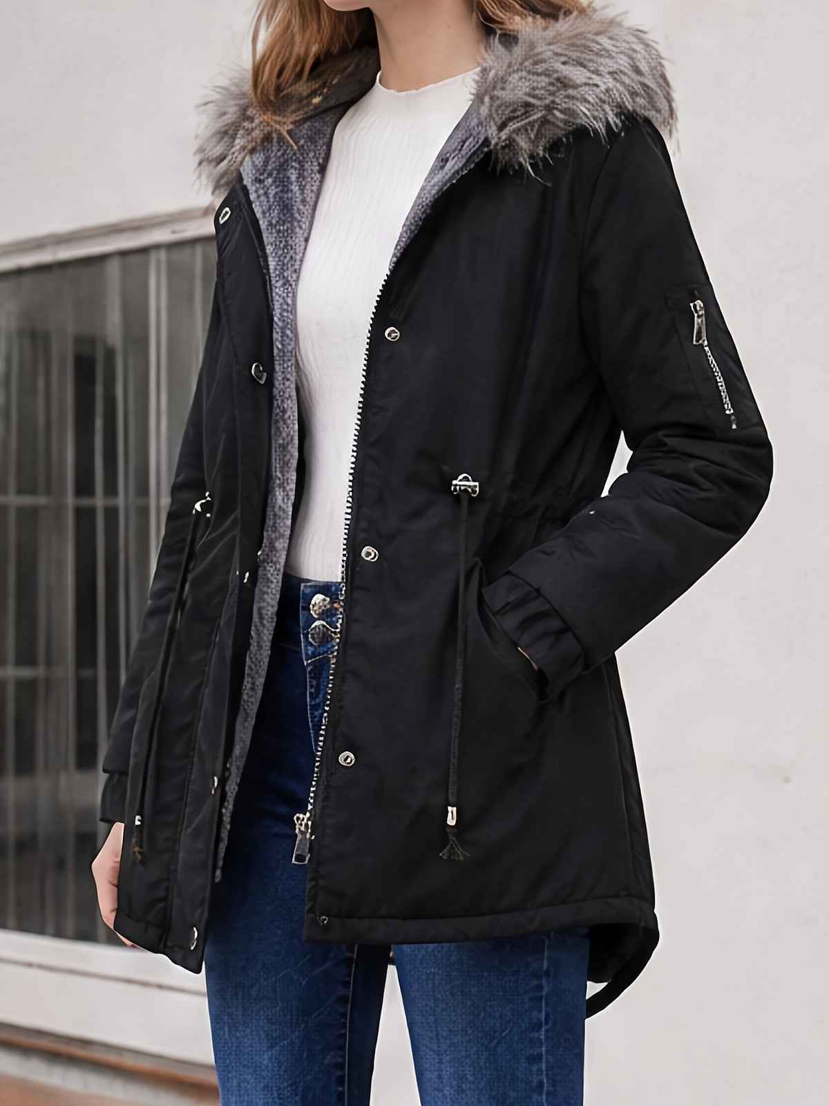 Manteau grande taille, cordon de serrage, capuche, chaleur d'hiver — composition : 100% Polyester Image