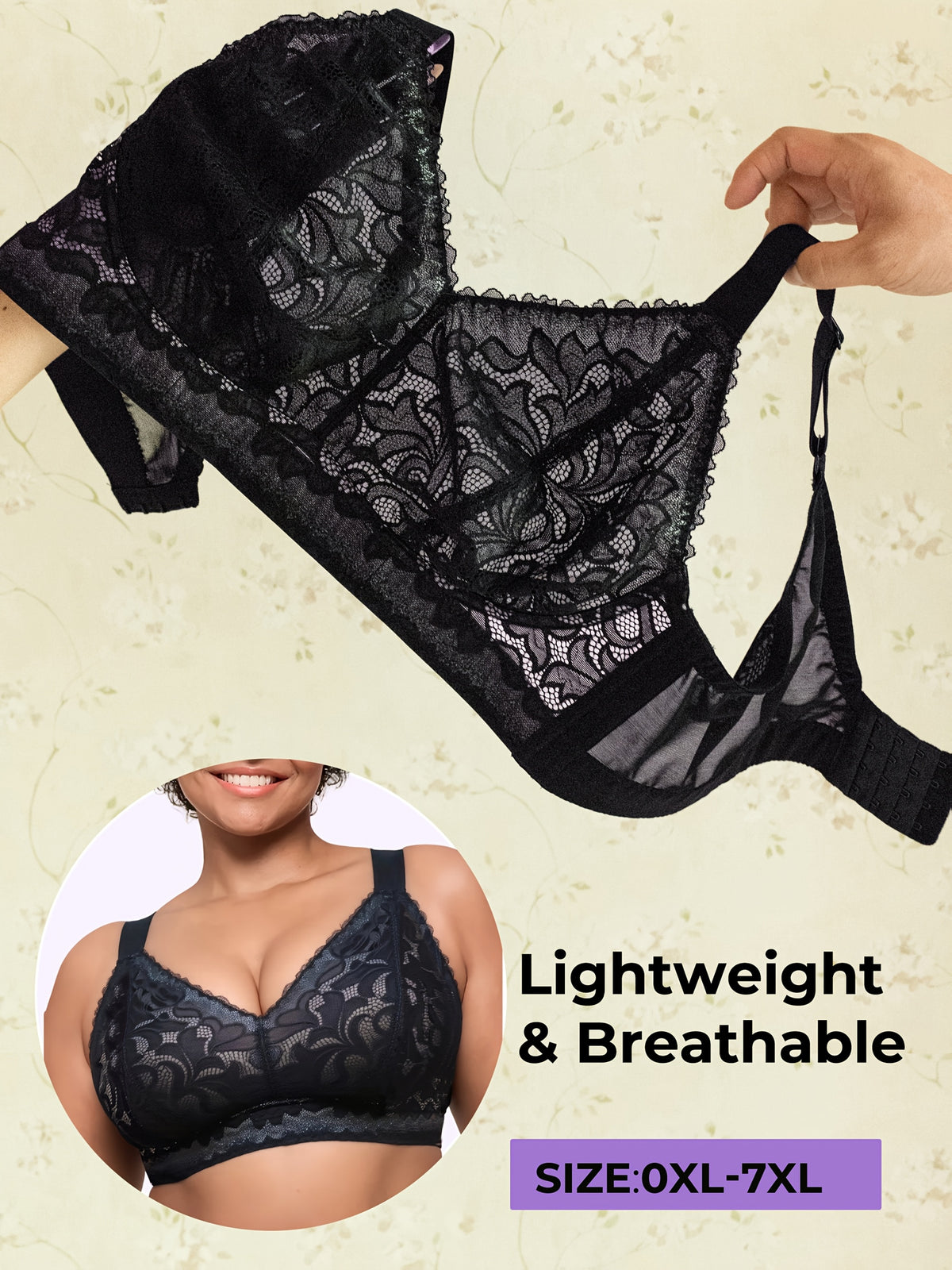 Soutien-gorge grande taille en dentelle, effet ajouré, porté de face