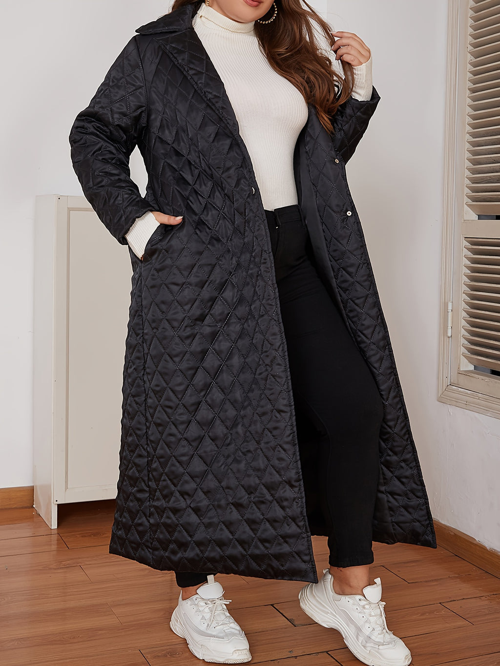 Manteau grande taille, col V, chaleur d'hiver, détail du tissu