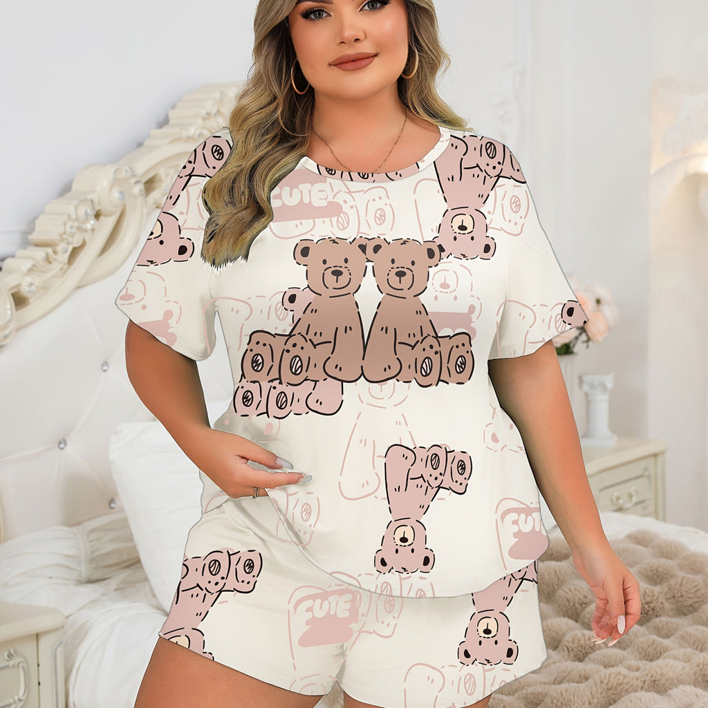 Pyjama grande taille, col rond, manches courtes — matière : polyester