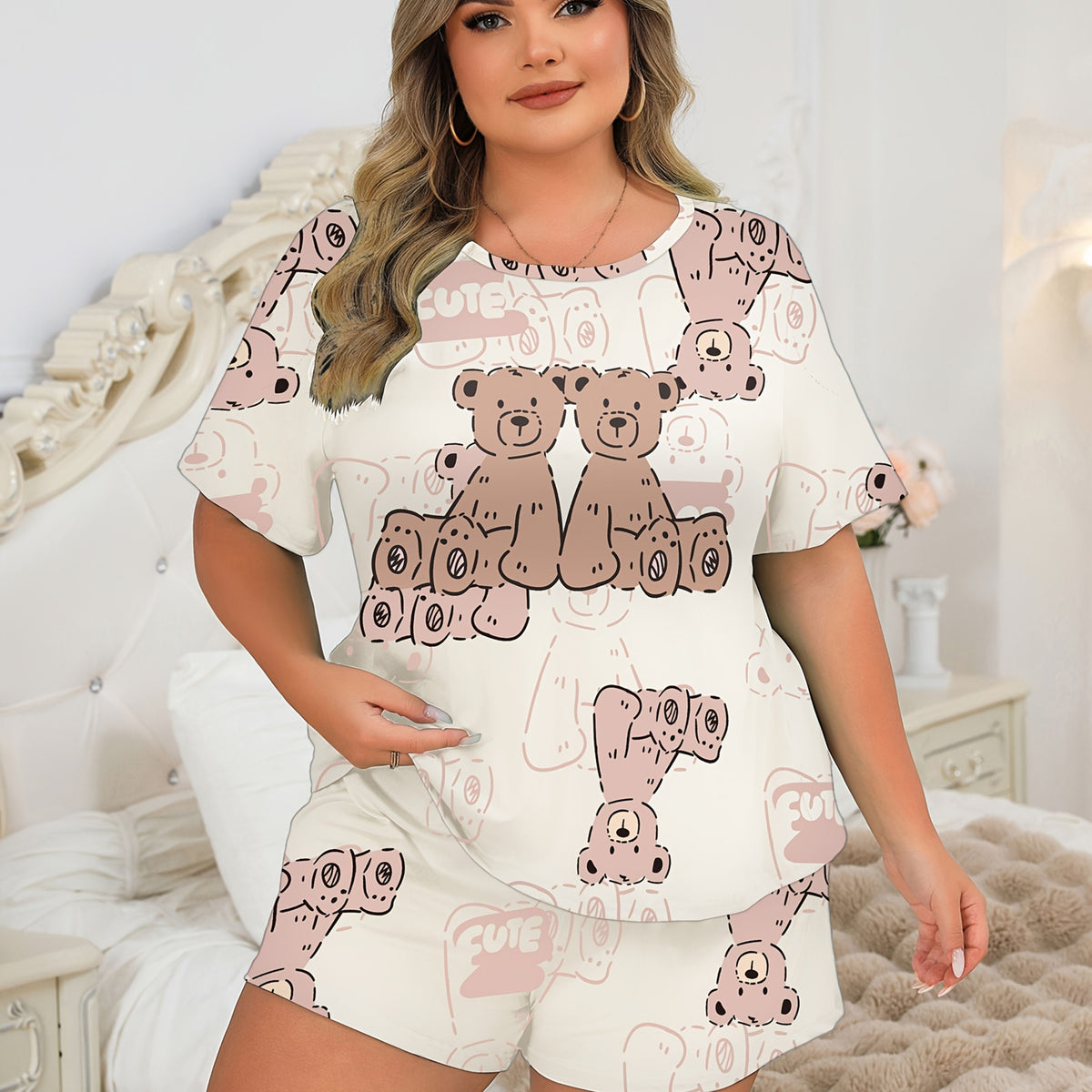 Pyjama grande taille, col rond, manches courtes — matière : polyester