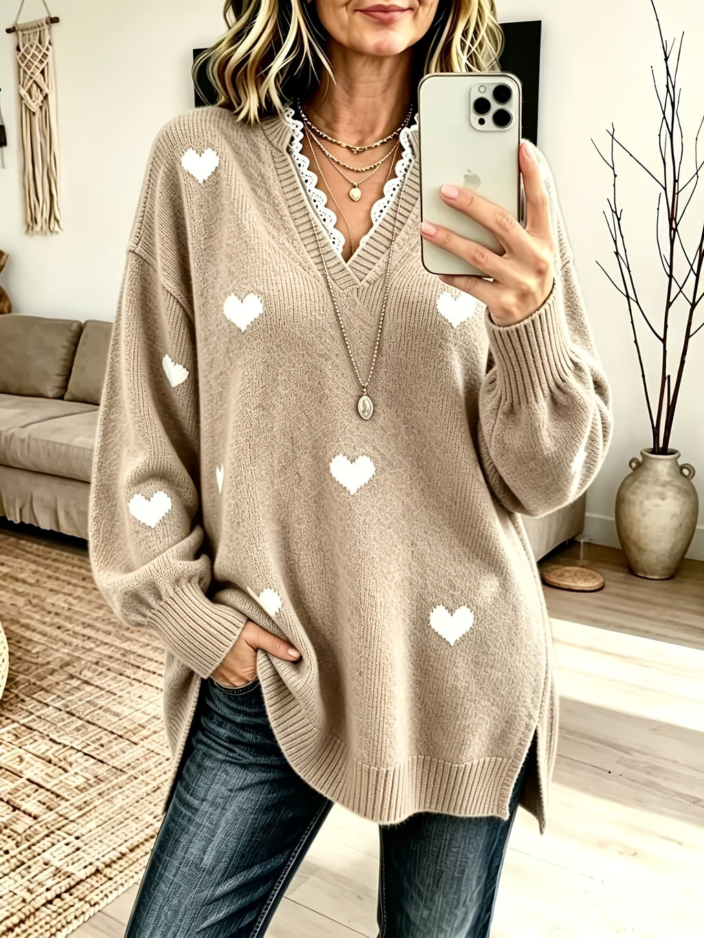 Pull grande taille en dentelle, coupe oversize, effet ajouré, chaleur d'hiver, gros plan