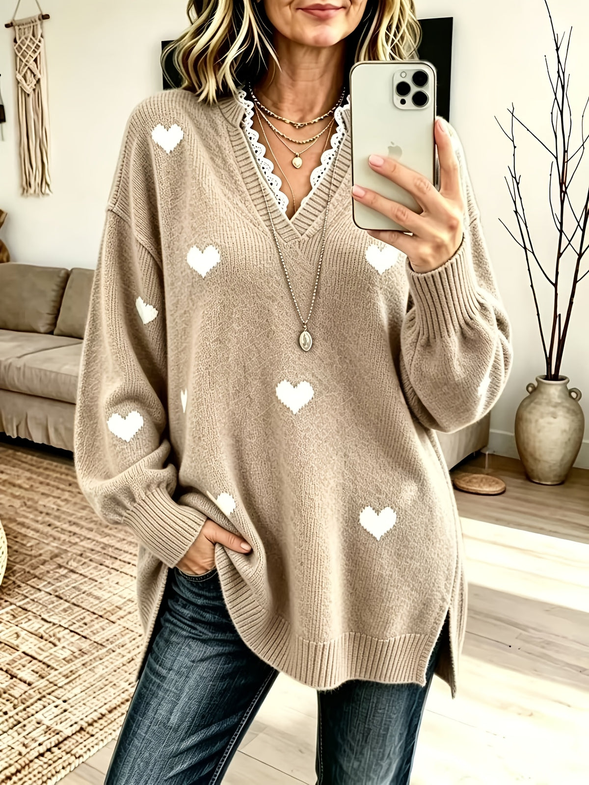 Pull grande taille en dentelle, coupe oversize, effet ajouré, chaleur d'hiver, gros plan