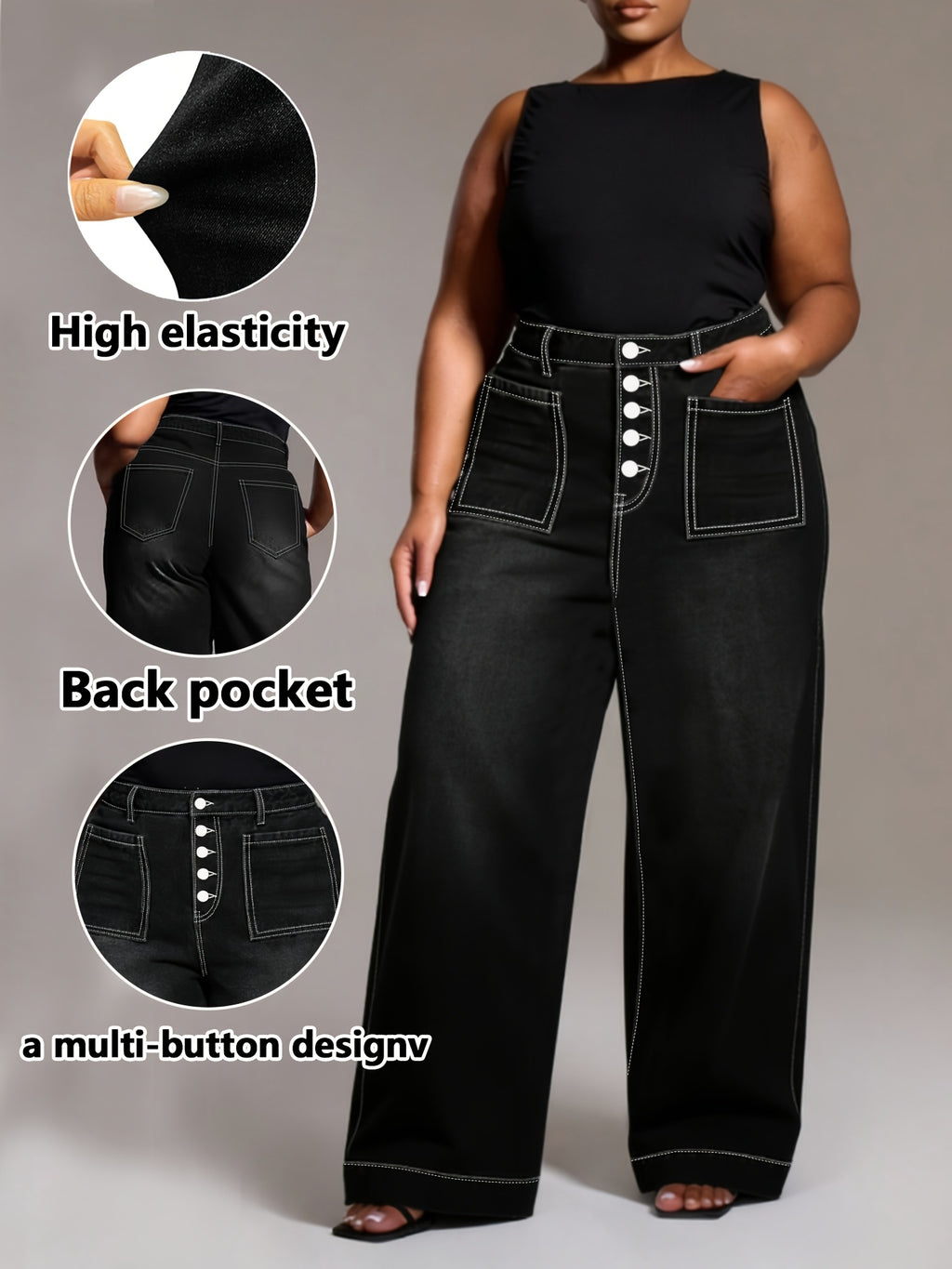 Pantalon grande taille, coupe oversize, tombé fluide, porté de face