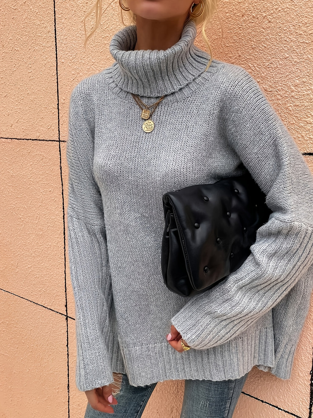Pull grande taille, coupe oversize, col roulé, maille côtelée, autre coloris