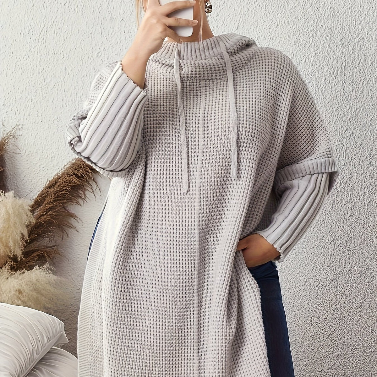 Pull grande taille, fente, chaleur d'hiver — matière : polyester