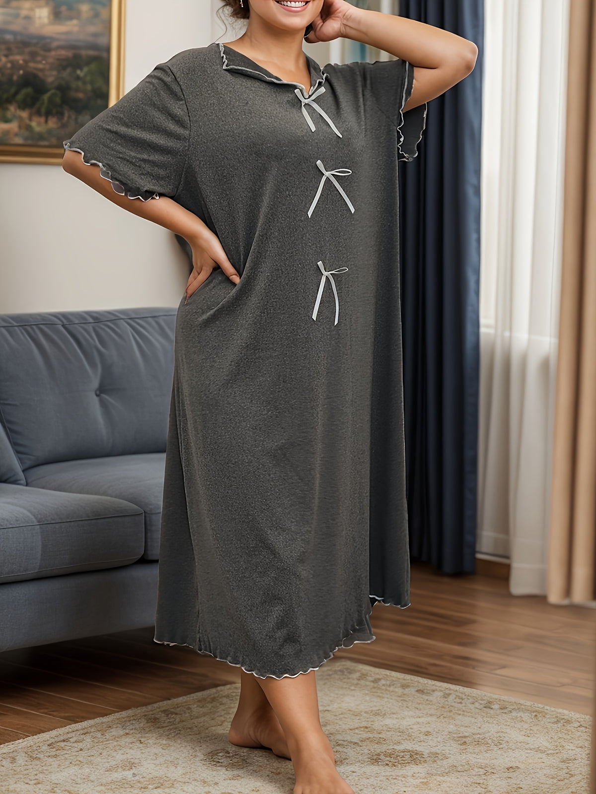 Chemise de nuit grande taille — Liseré ivoire et trois nœuds