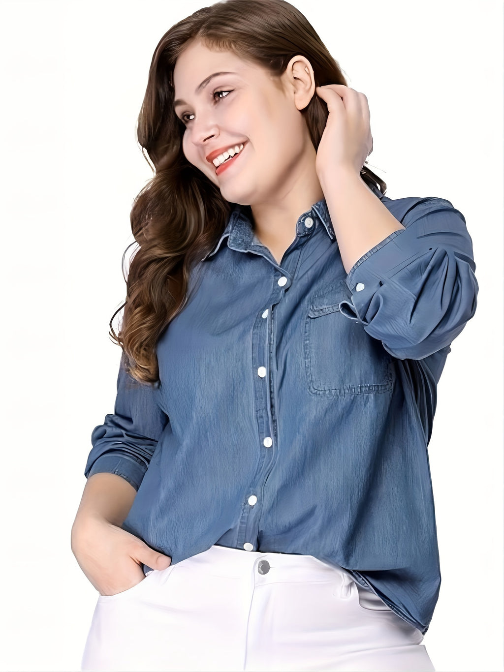 Chemise grande taille, col à revers, poches plaquées, manches longues, tissu opaque