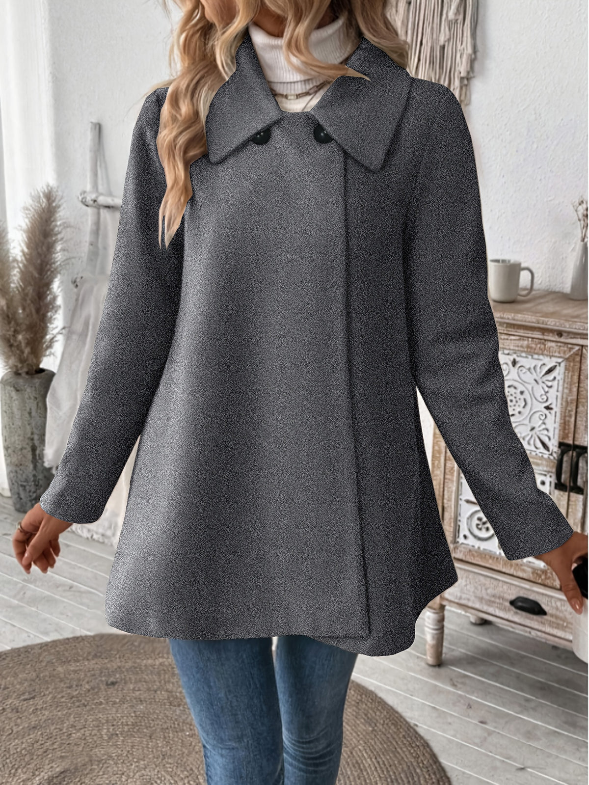 Manteau grande taille, col à revers, boutonnage, manches longues Image