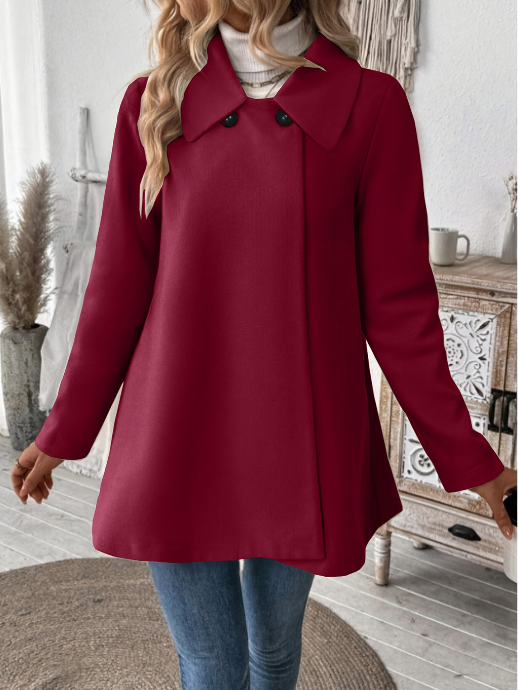 Manteau grande taille, col à revers, boutonnage, manches longues