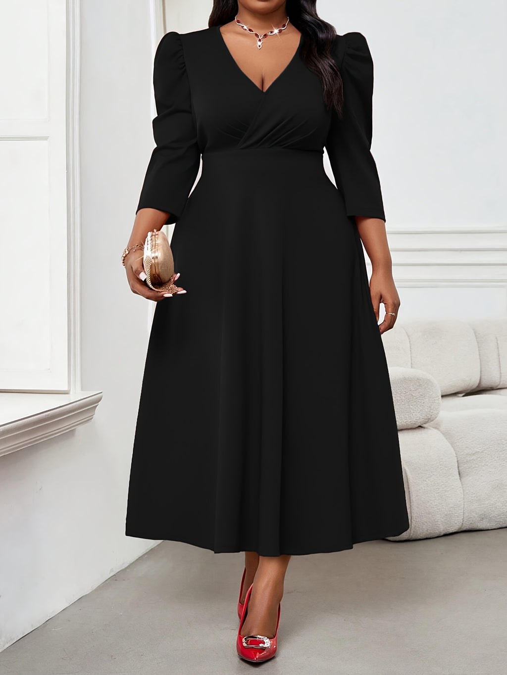 Robe patineuse grande taille — Crêpe extensible manches 3/4