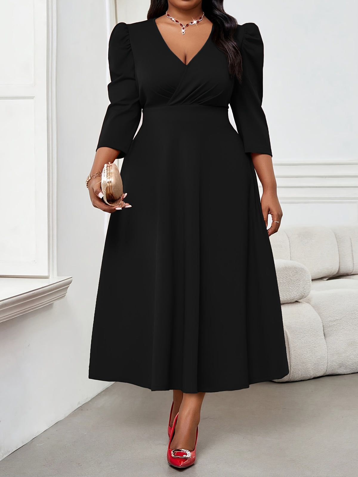 Robe patineuse grande taille — Crêpe extensible manches 3/4
