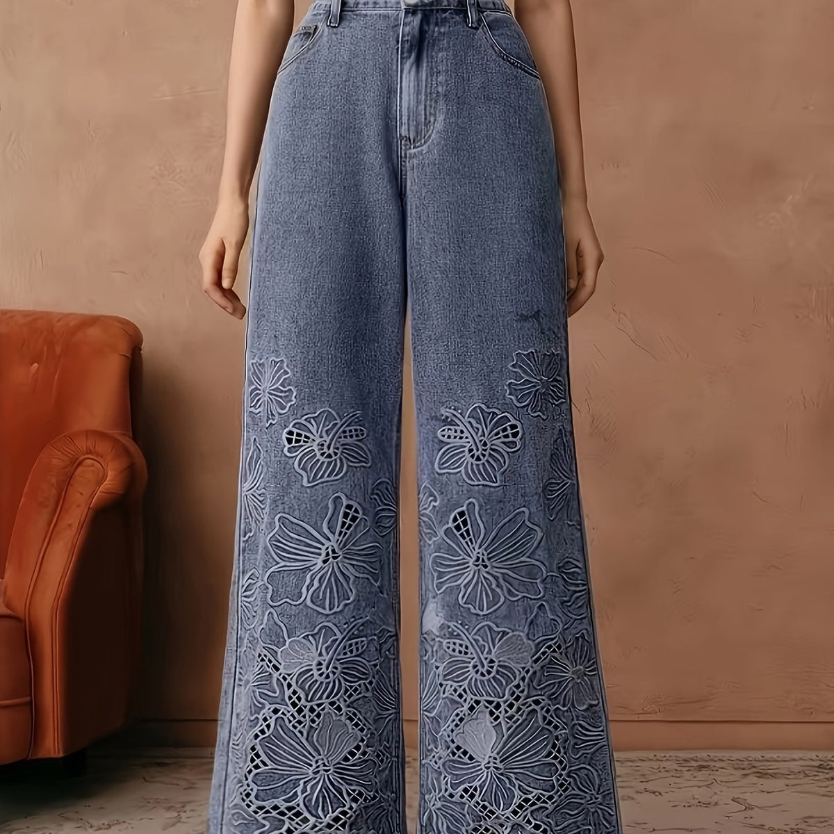 Pantalon grande taille à imprimé fleuri, coupe droite, tenue franche — matière : denim