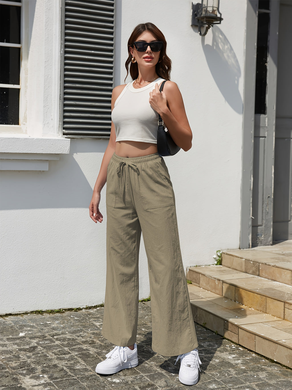 Pantalon en lin grande taille — Sept teintes, poches devant
