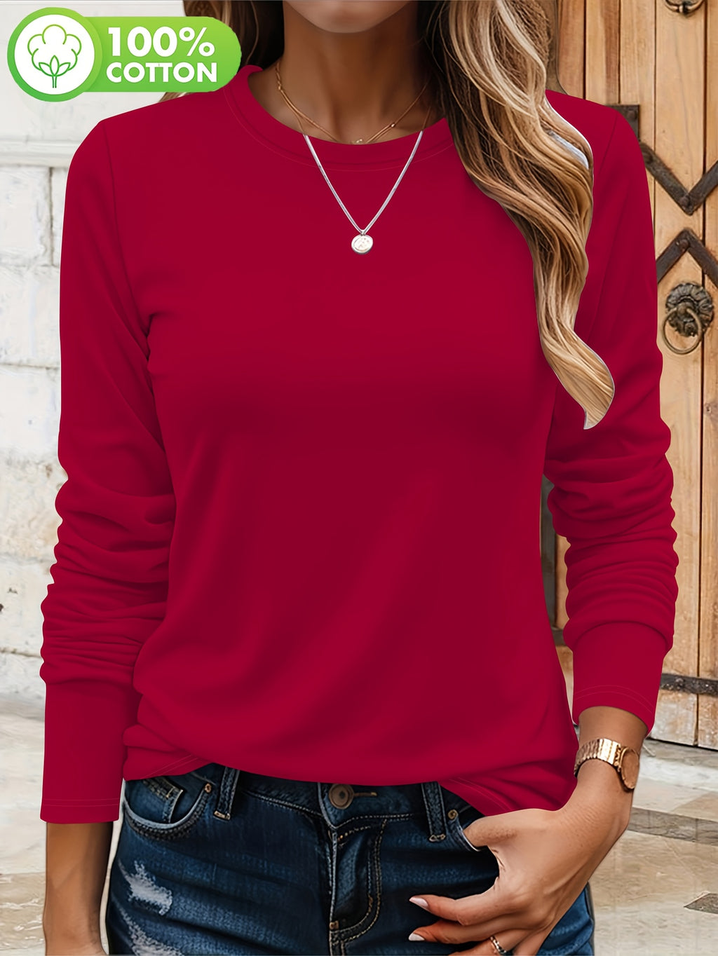 T-shirt grande taille, col rond, manches longues, toucher naturel, visuel produit