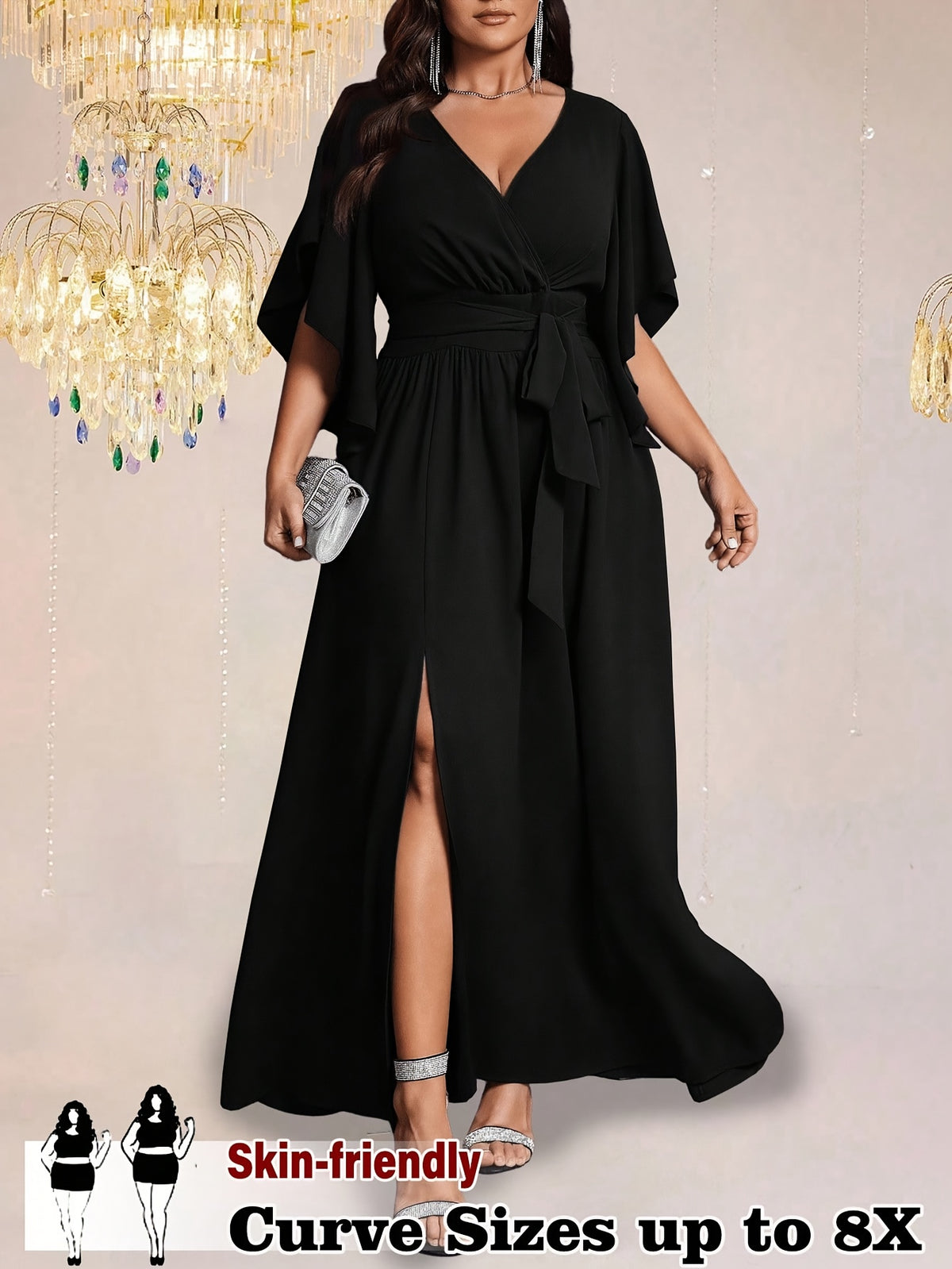 Robe de soirée grande taille — Fente frontale et nœud de taille