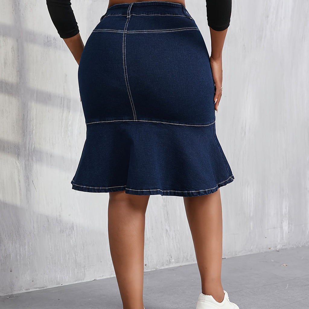 Jupe grande taille, coupe oversize, volants, tenue franche — matière : denim