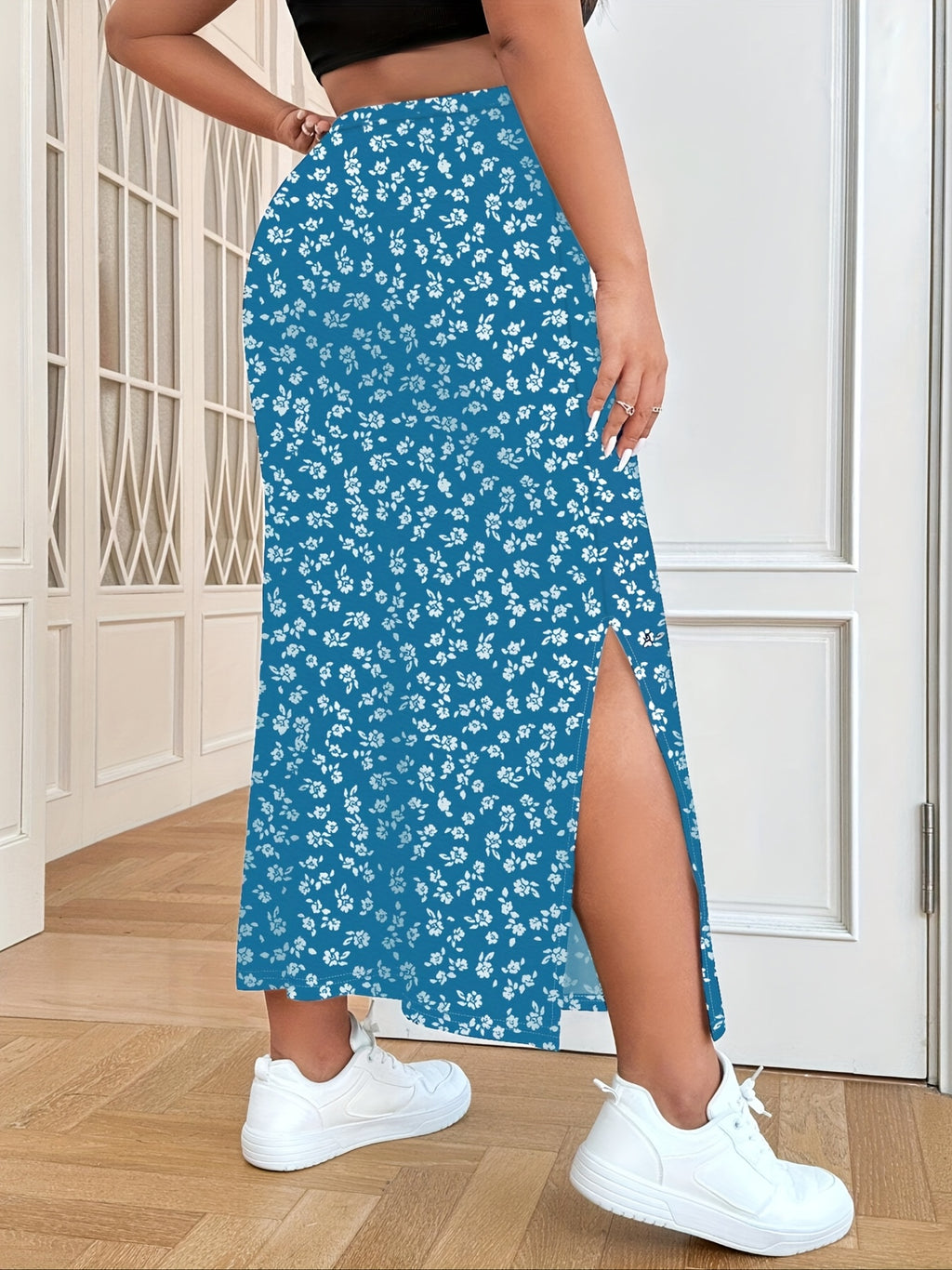 Jupe grande taille à imprimé fleuri, fente, vu de dos