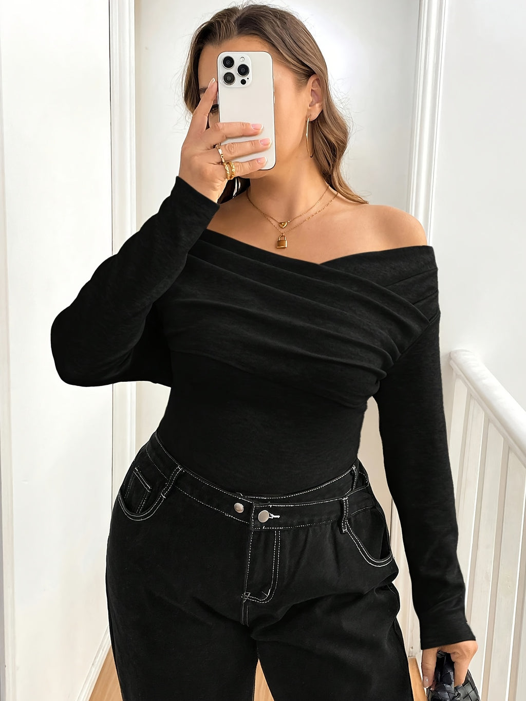 T-shirt grande taille, fines bretelles, manches longues, tissu opaque