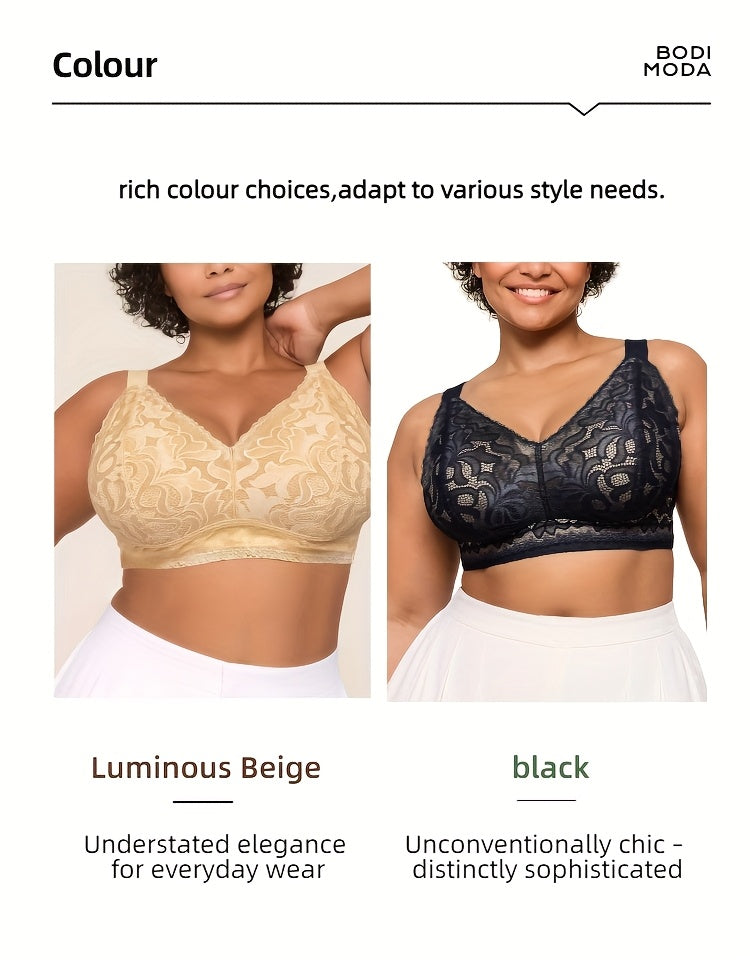 Soutien-gorge grande taille en dentelle, effet ajouré, porté de face