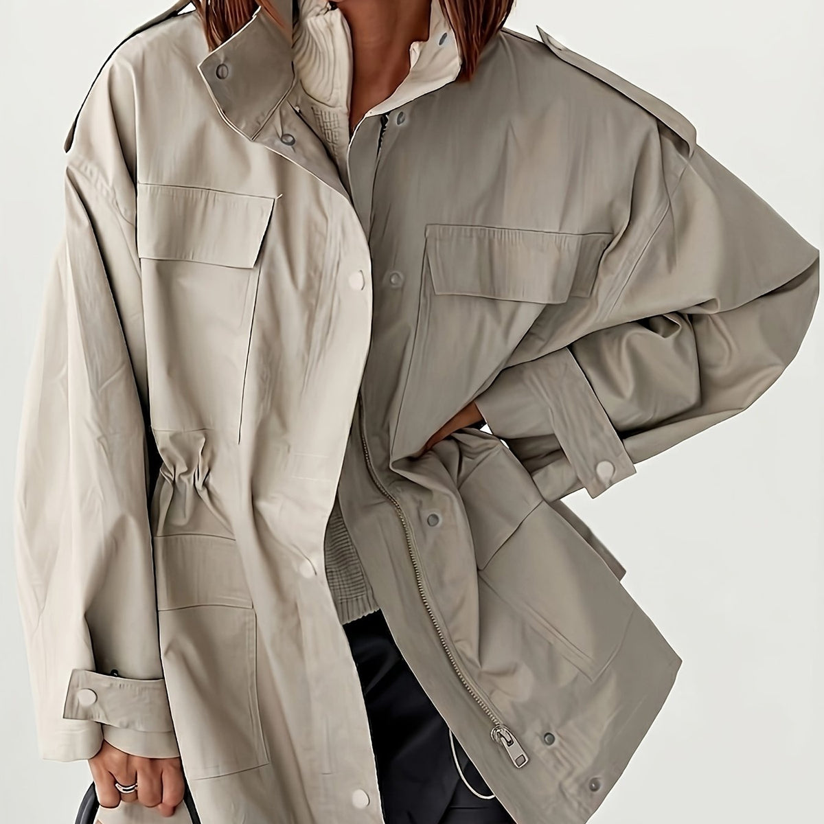 Manteau grande taille, coupe ample, manches longues — matière : polyester