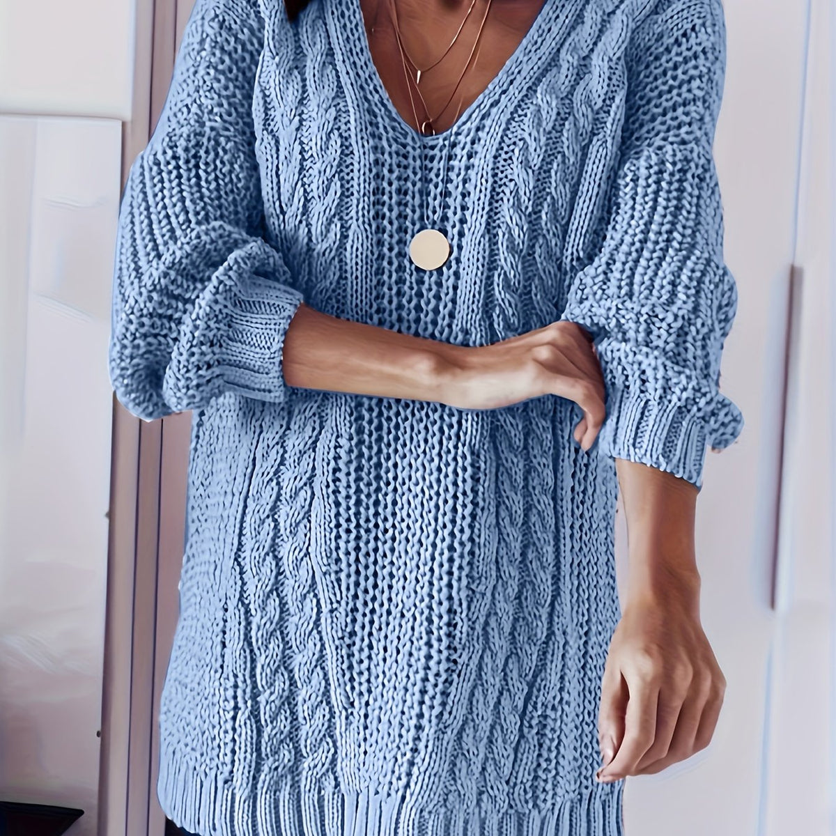 Pull grande taille, col V, forte élasticité, porté de face