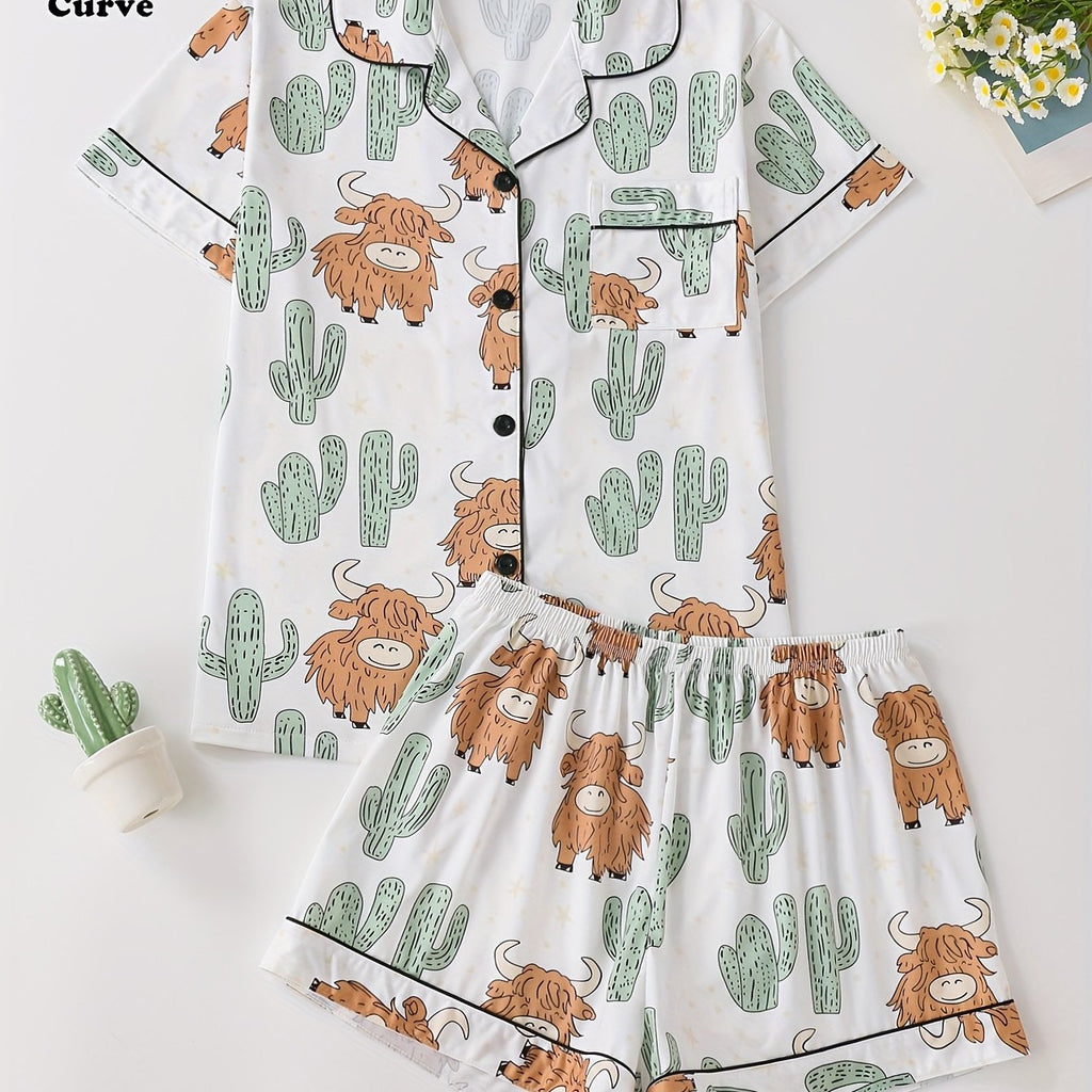 Pyjama grande taille, poches plaquées, manches courtes — matière : polyester