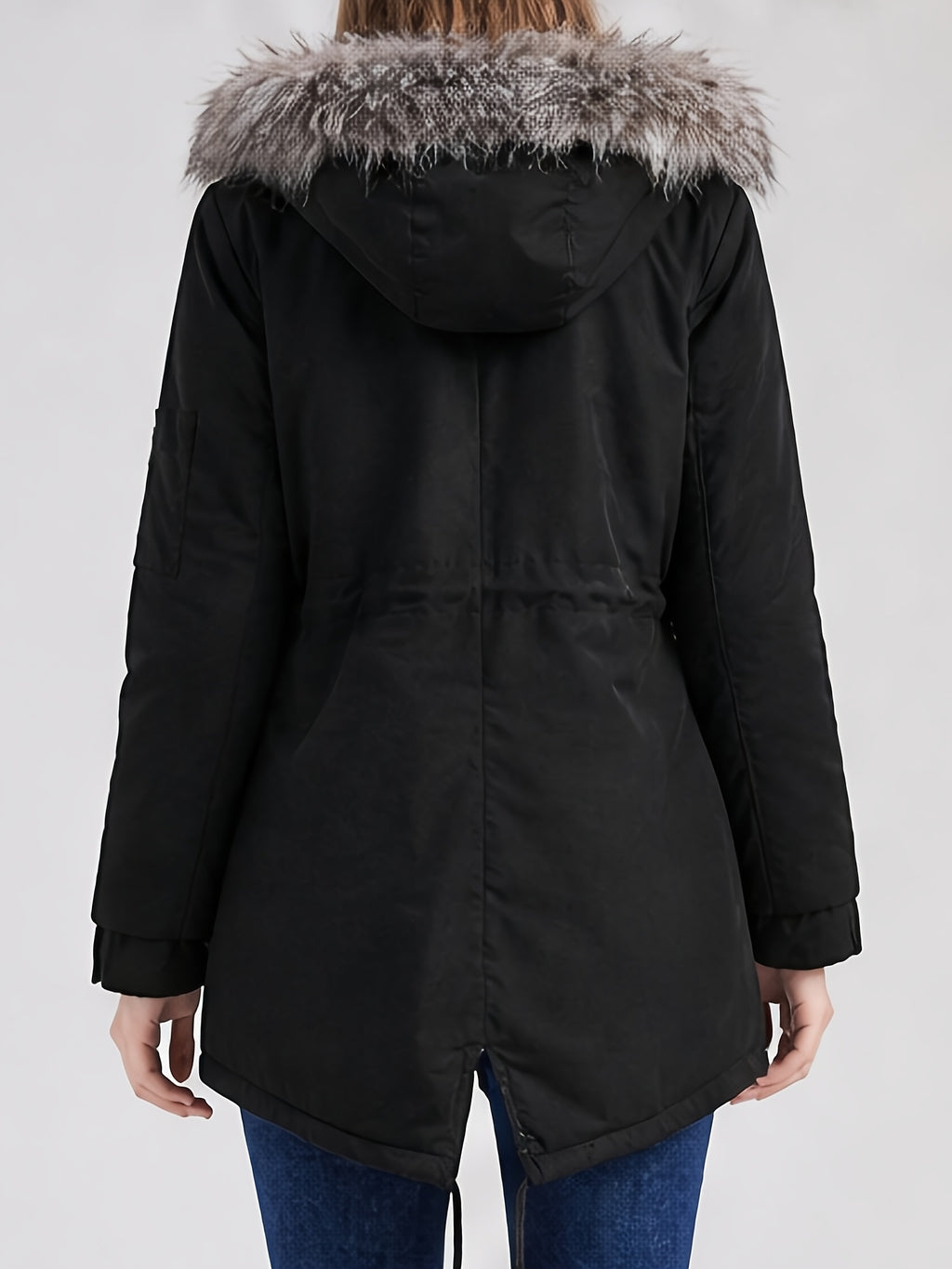 Manteau grande taille, cordon de serrage, capuche, chaleur d'hiver, vu de dos