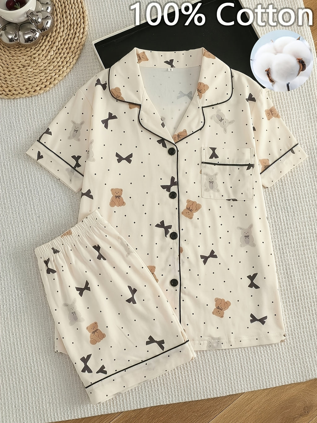Pyjama grande taille à pois, manches courtes, toucher naturel, vu de dos