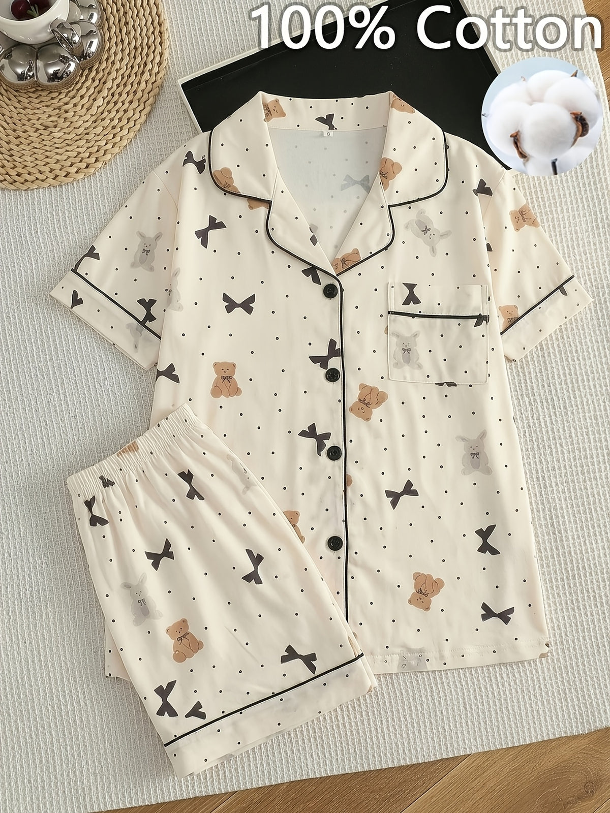 Pyjama grande taille à pois, manches courtes, toucher naturel, vu de dos