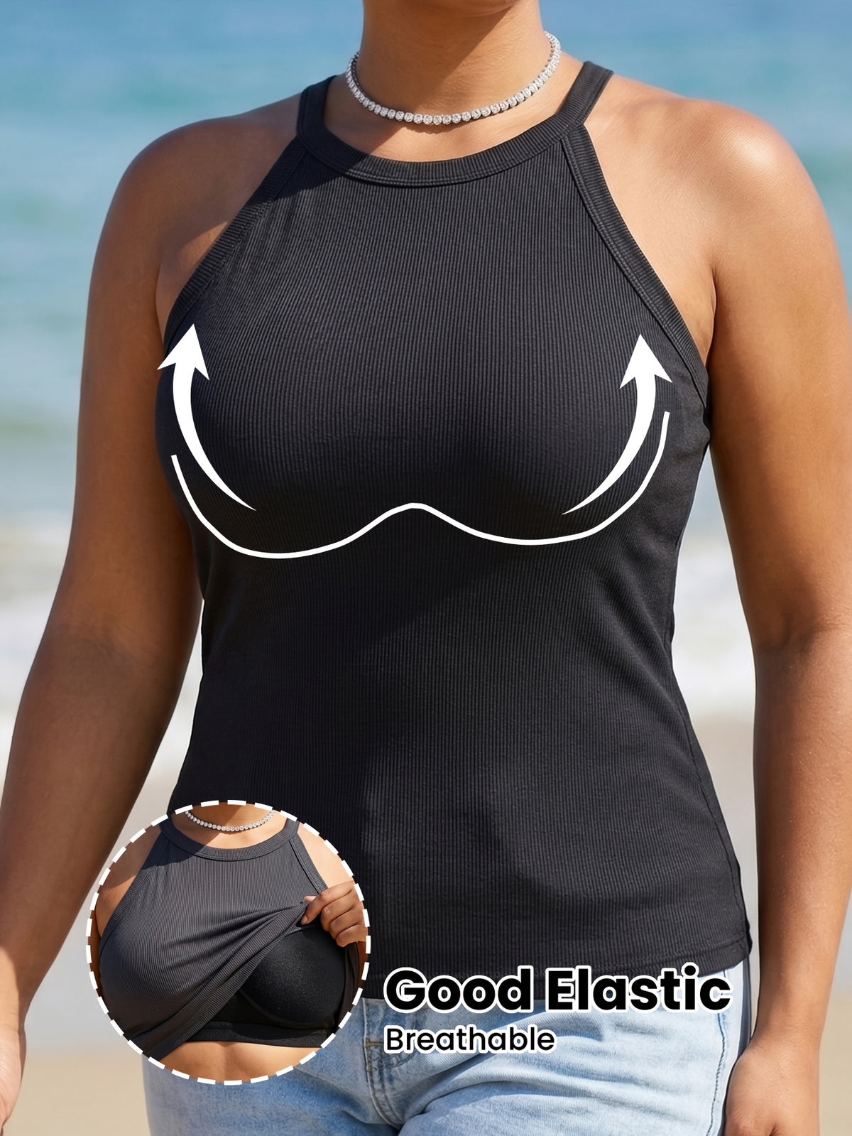 Débardeur col licou grande taille — Noir à coquilles intégrées