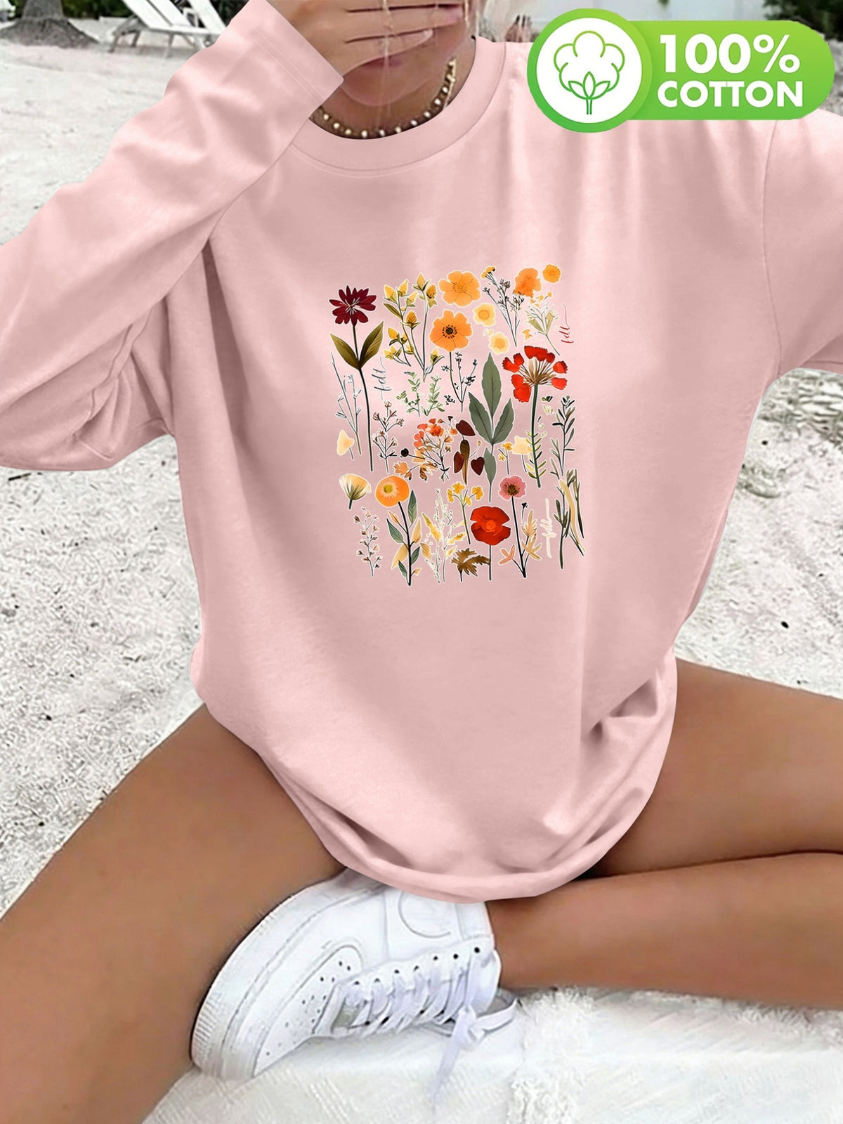 T-shirt grande taille à imprimé fleuri, manches longues, toucher naturel, gros plan