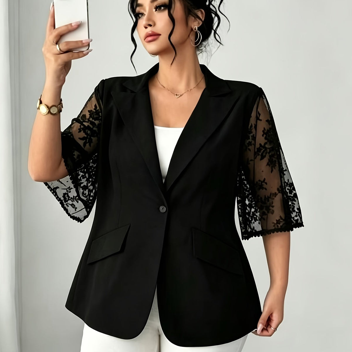 Blazer grande taille en dentelle, effet ajouré — matière : polyester