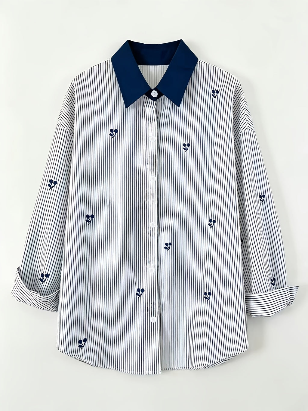 Chemise grande taille à rayures, manches longues, color block — composition : 100% Polyester