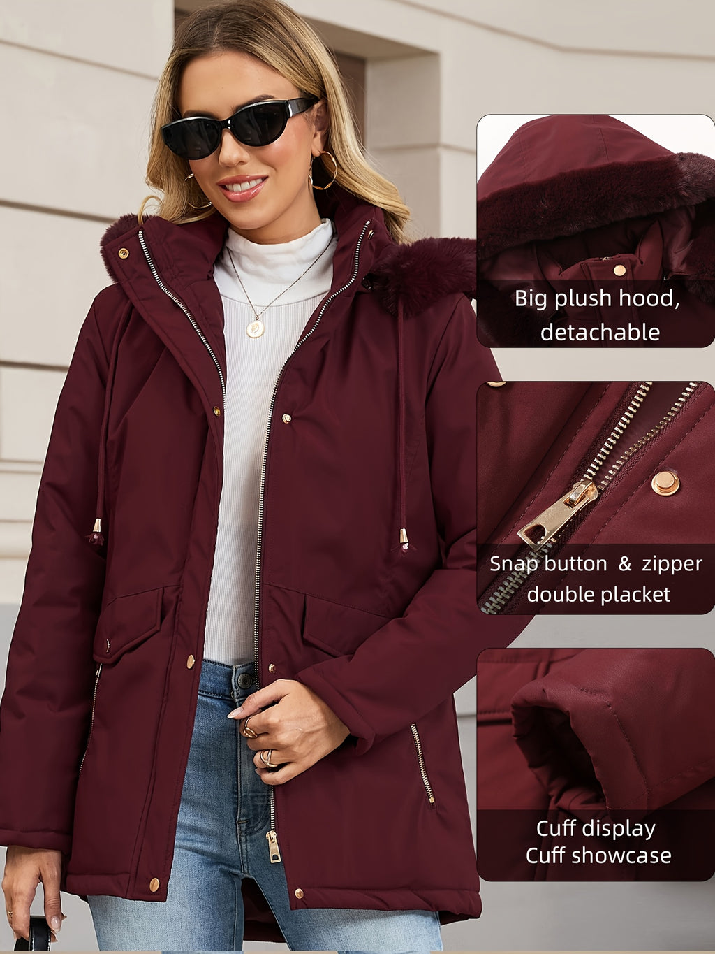Veste grande taille, coupe oversize, longueur midi, capuche, porté de face